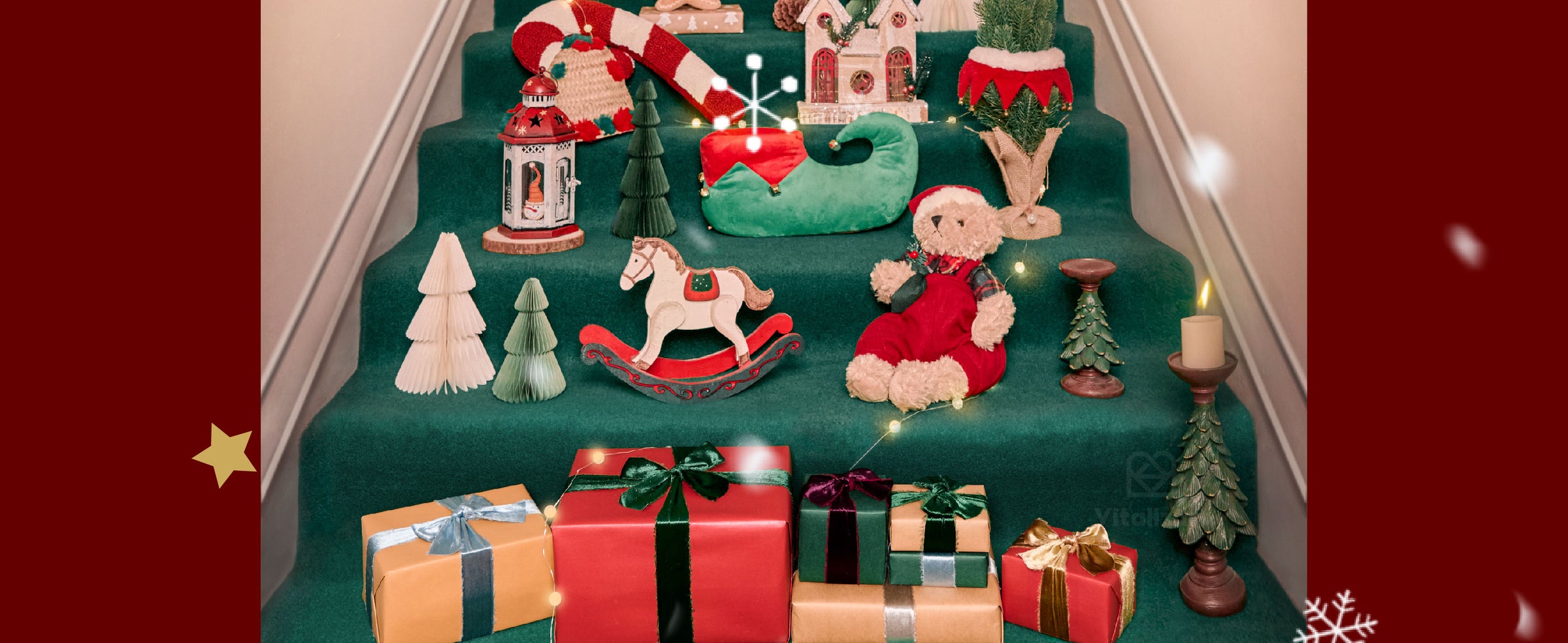 Holiday gifts tied with colorful velvet ribbons and bows arranged on deep green stairs.