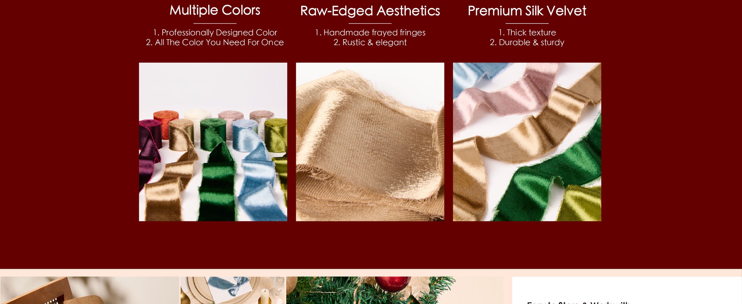 Velvet ribbon used on a gift bag, wreath, wrapped present, and decorated Christmas tree