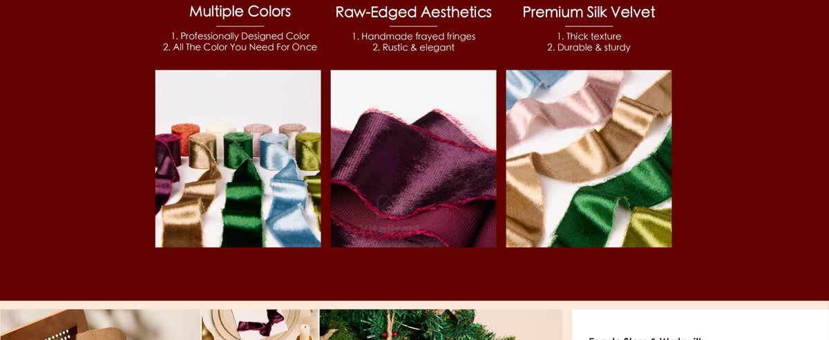 Velvet ribbon bows and olive garland decorate holiday gifts, a gift bag, wreath, and Christmas tree.
