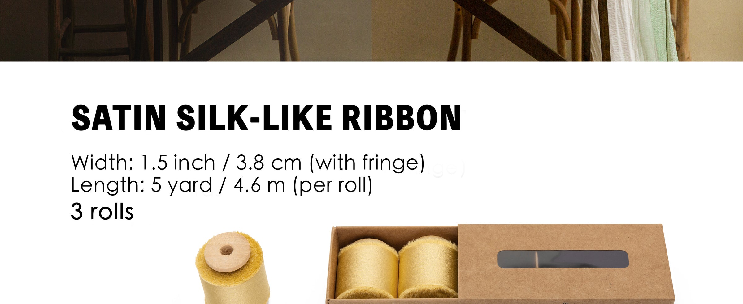 Three gold satin-like ribbon rolls with frayed edges, each 1.5 inches wide and 5 yards long
