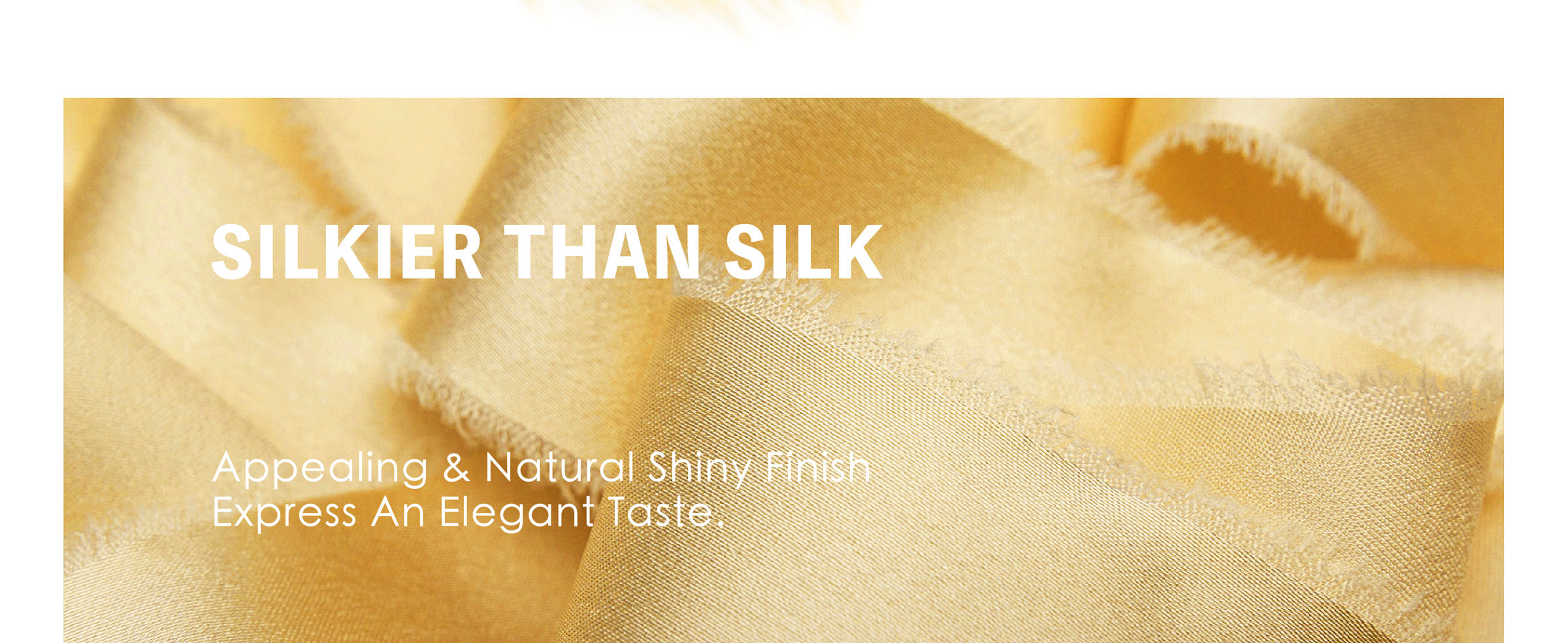 Gold satin-like ribbon with frayed edges shown as bows on a white gift box and flower bouquet