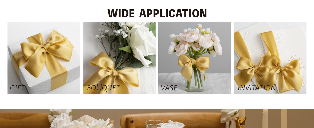Gold frayed-edge ribbon bows decorating a flower vase, embossed invitations, gift, and bouquet