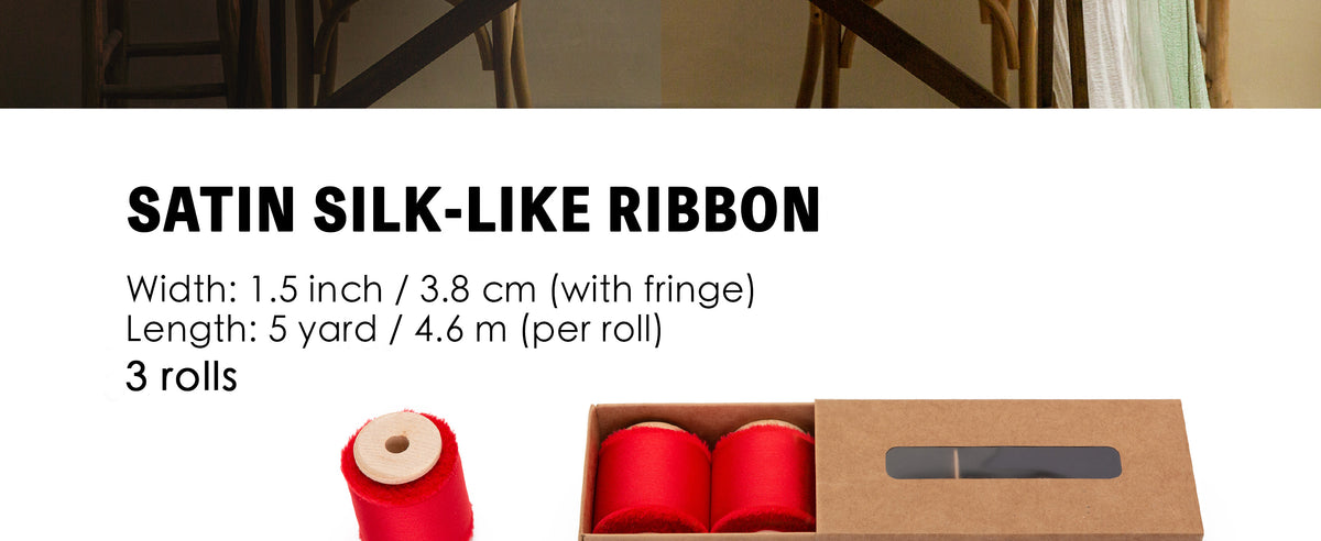 Three red satin-like ribbon rolls with frayed edges, each 1.5 inches wide and 5 yards long