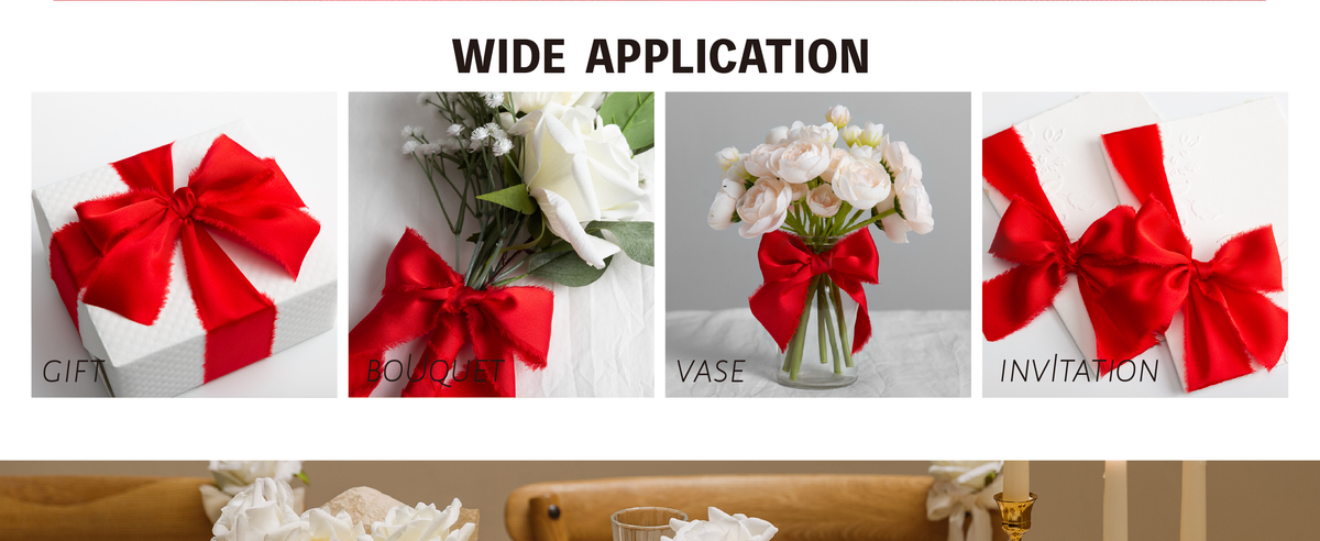Red frayed-edge ribbon bows decorating a flower vase, embossed invitations, gift, and bouquet