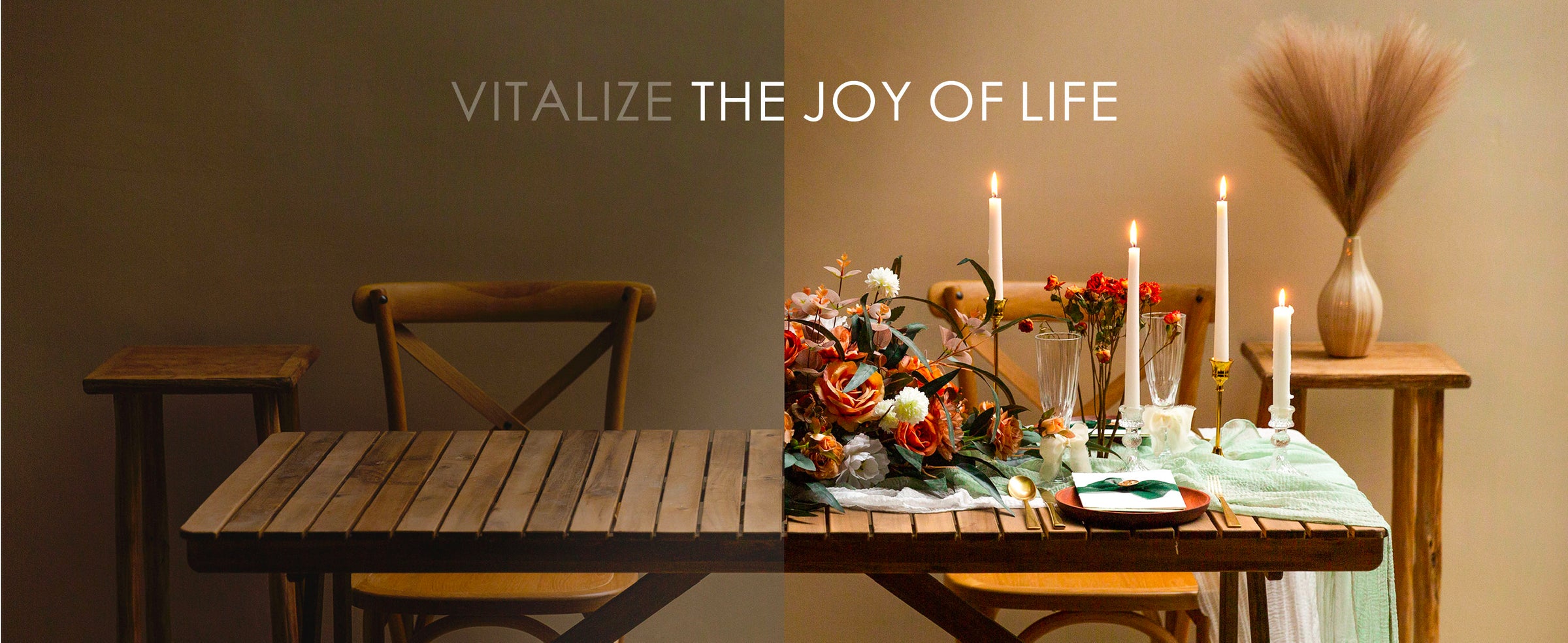 Before-and-after rustic dining table, transformed with flowers, candles, place settings, and fabric runners
