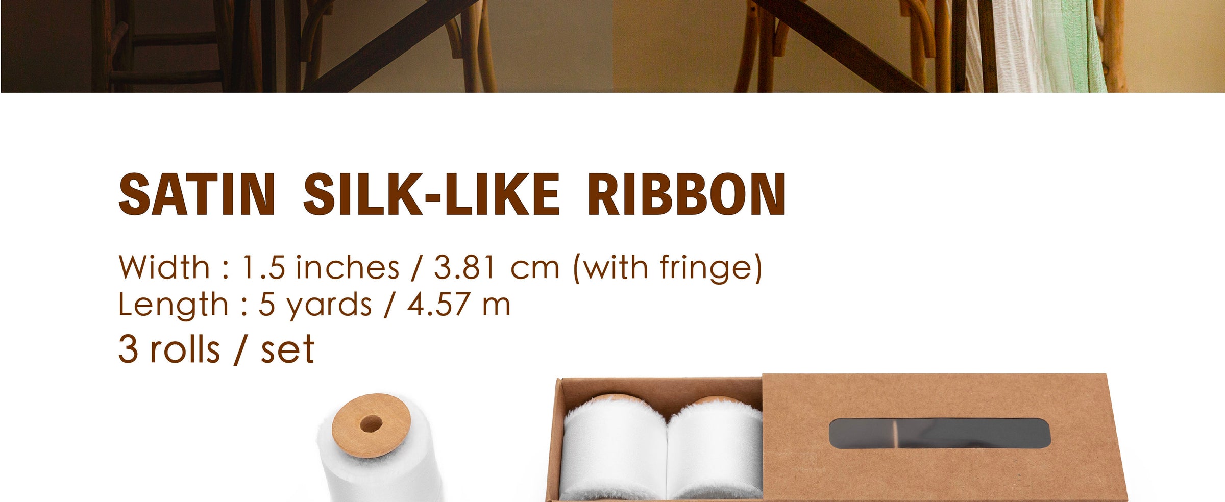 Three white satin-like ribbon rolls with frayed edges, each 1.5 inches wide and 5 yards long