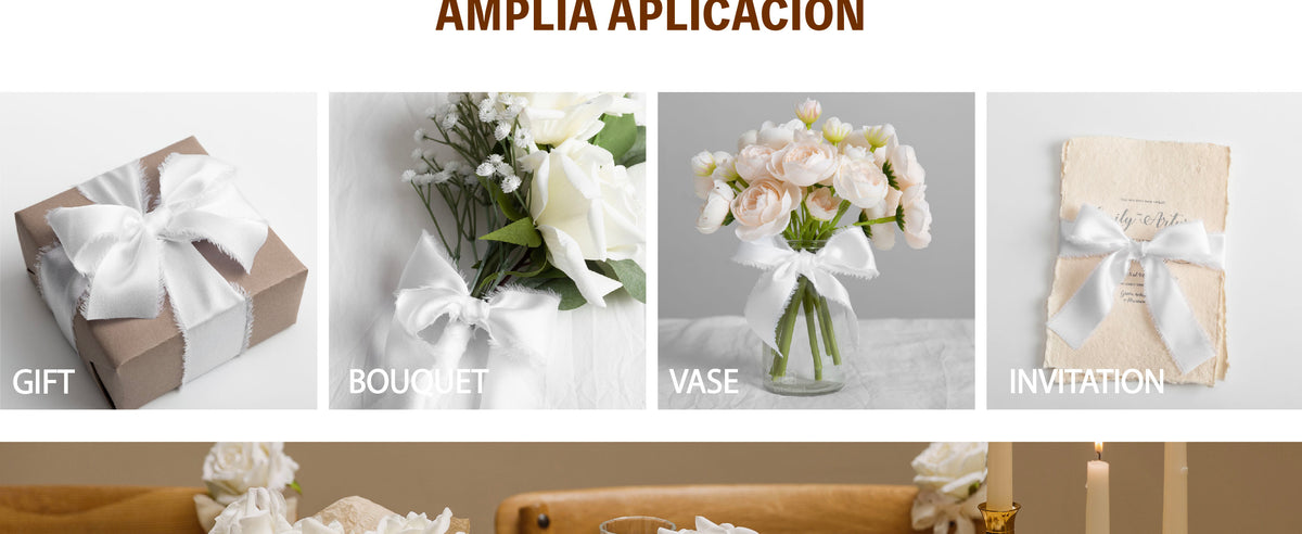 White frayed satin-like ribbon bows decorating a flower vase and cream invitation