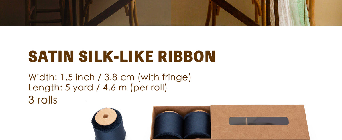 Three navy satin-like frayed ribbon rolls on wooden spools with a kraft storage box