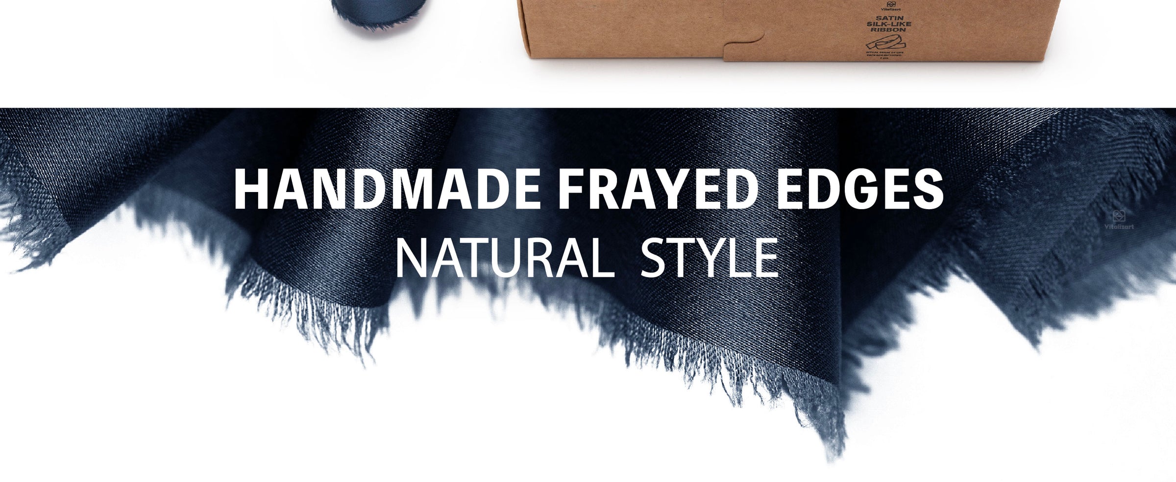 Close-up of deep navy satin-like ribbon with a glossy woven finish and soft frayed edges