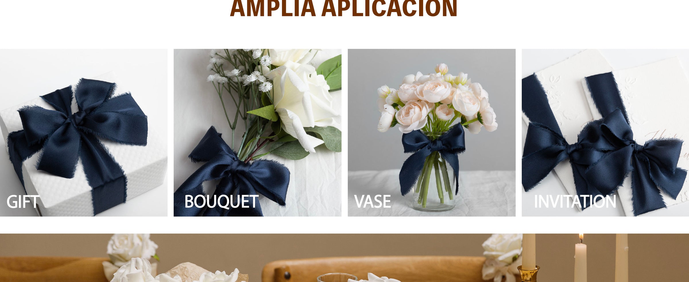 Navy blue frayed satin ribbon bows decorating a flower vase, gifts, bouquet, and invitations
