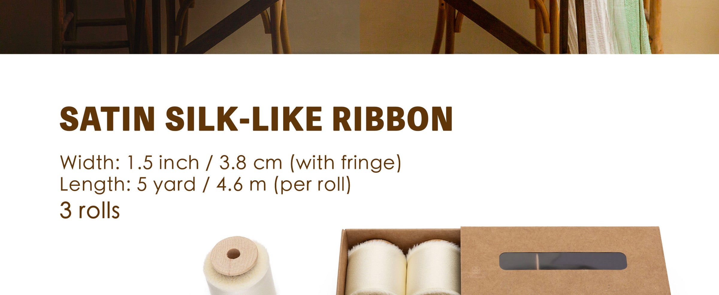 Three ivory satin-like frayed ribbon rolls on wooden spools with kraft storage box