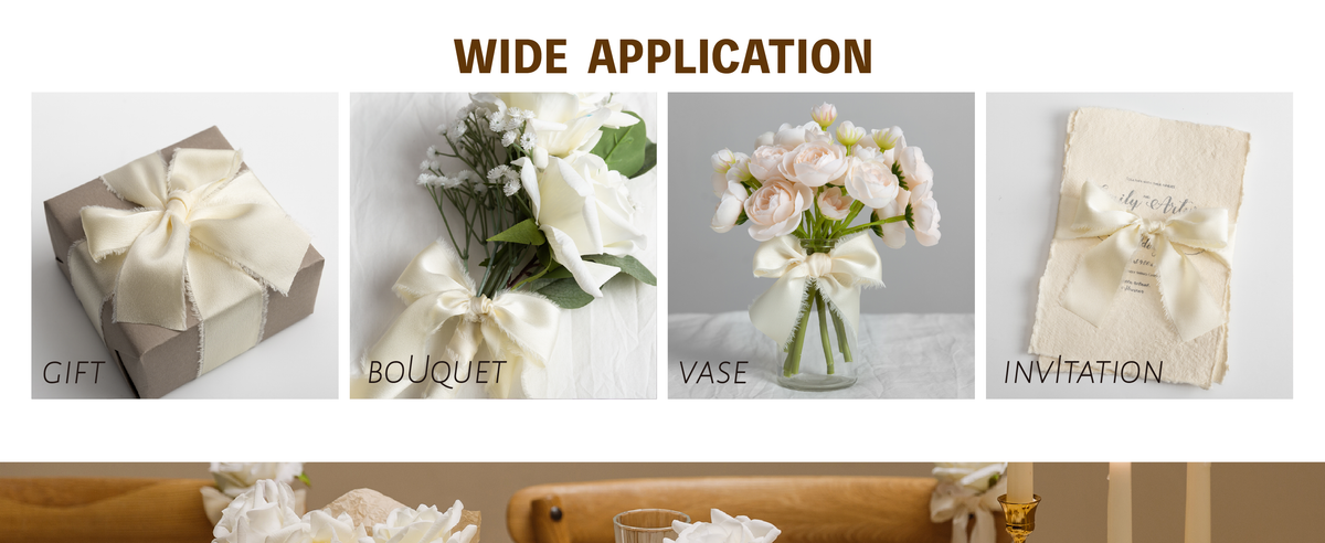 Ivory frayed ribbon bows decorating a gift, bouquet, flower vase, and wedding invitation