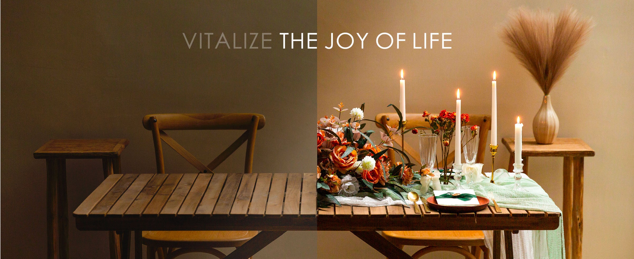 Split view of a bare table transformed into a candlelit setting with warm orange floral decor