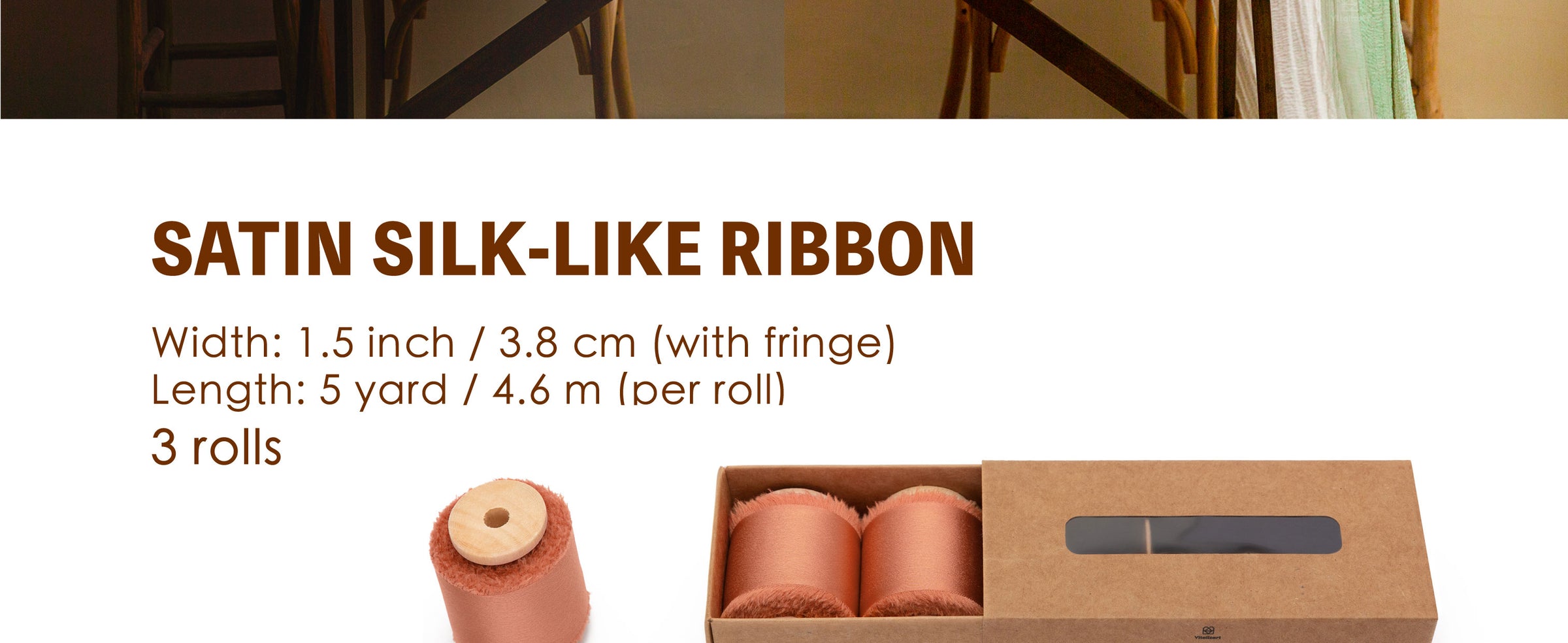 Three burnt orange satin-like frayed ribbon rolls on wooden spools with kraft storage box