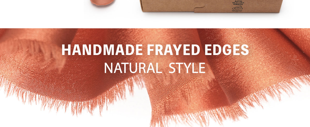 Close-up of burnt orange satin-like ribbon with a lustrous surface and frayed edges