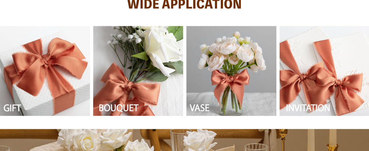 Burnt orange frayed ribbon bows decorating a gift, bouquet, flower vase, and invitations