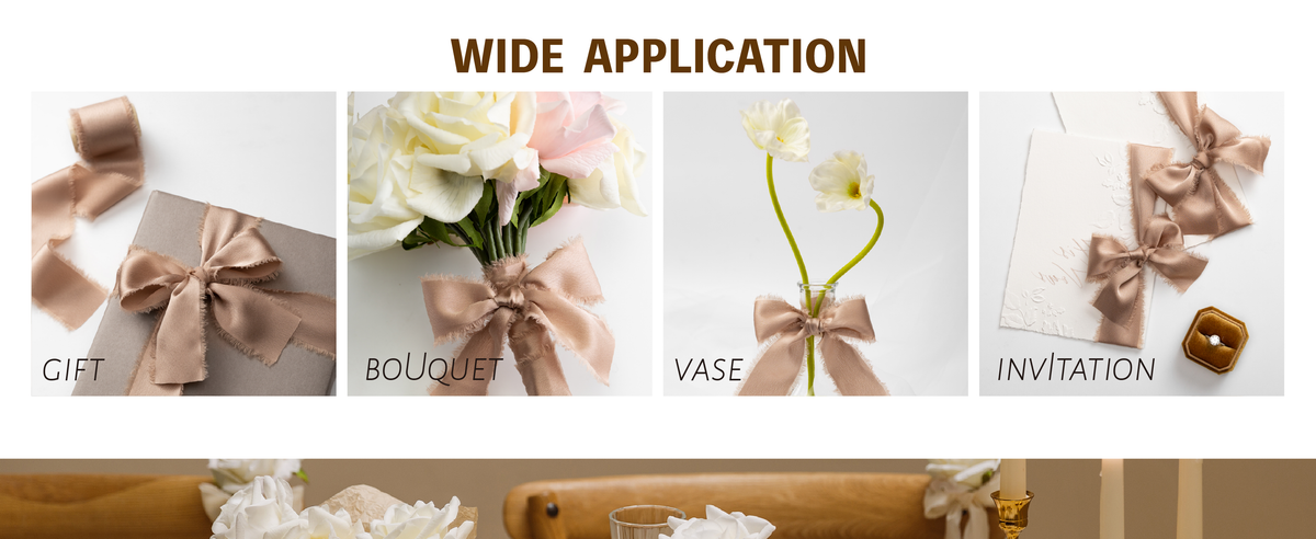 Champagne frayed-edge satin ribbon decorating a vase, gift, bouquet, and wedding invitations