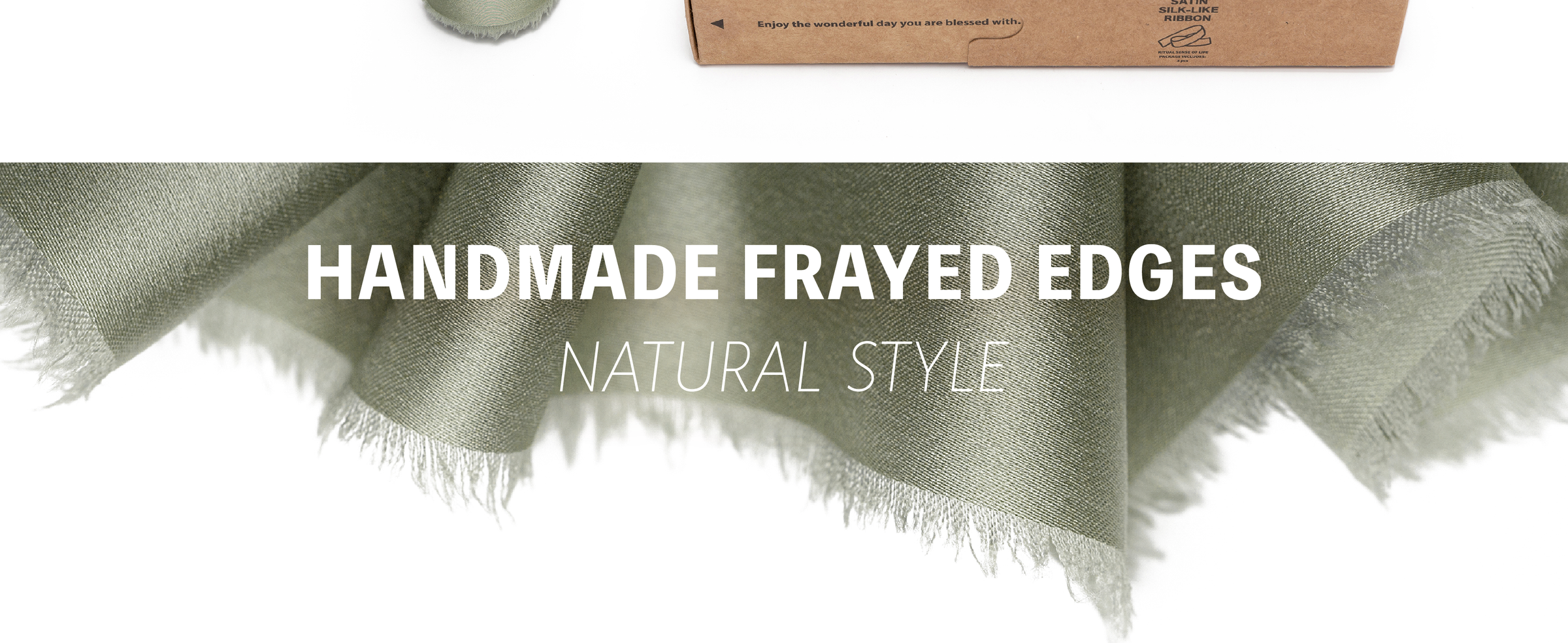 Close-up of dusty green satin-like ribbon with a lustrous woven surface and soft frayed edges