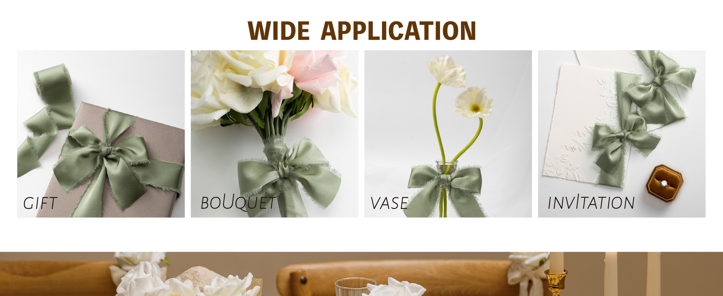 Dusty green frayed-edge satin ribbon decorating a vase, gift, bouquet, and wedding invitations