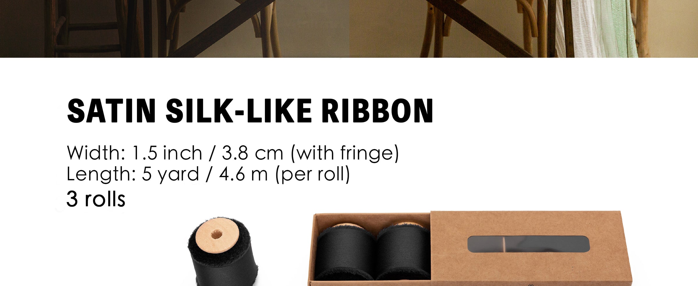 Three rolls of black satin-like ribbon with wooden spools and handmade frayed edges
