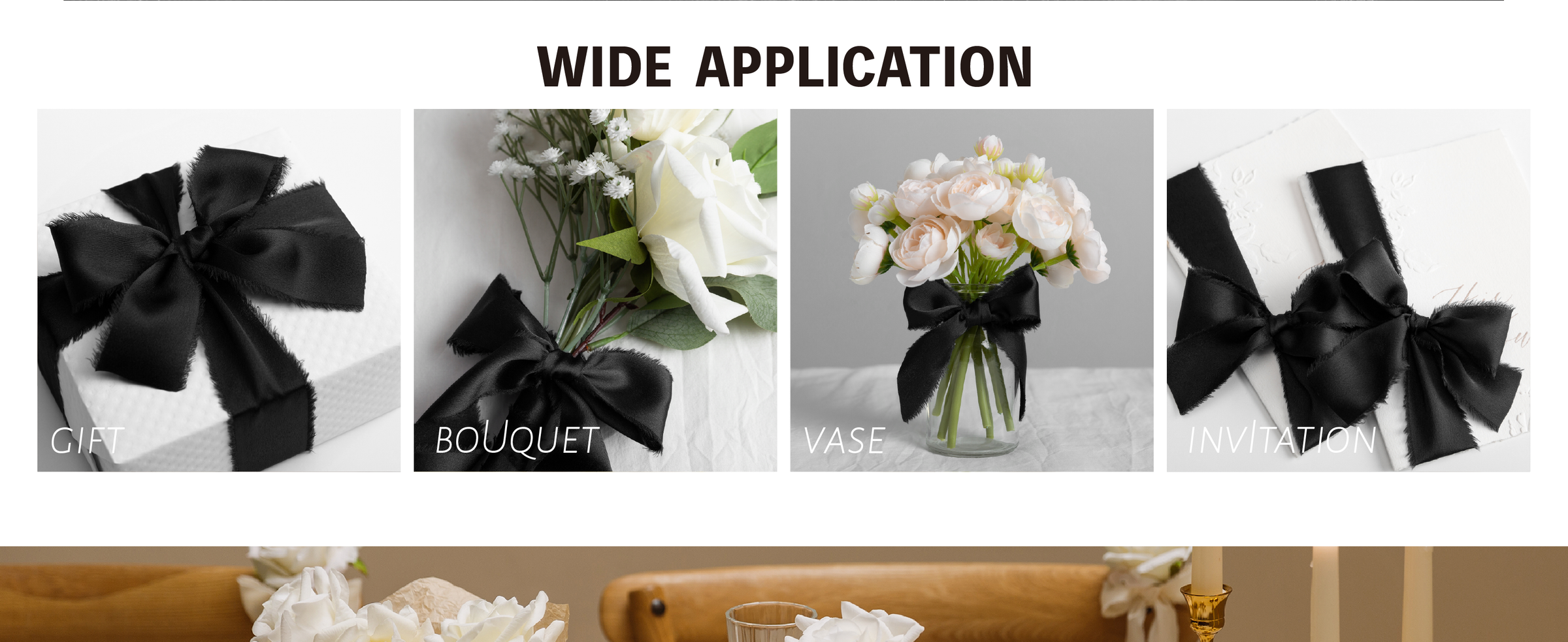 Black satin-like frayed ribbon tied on a flower vase, gift box, bouquet, and invitations