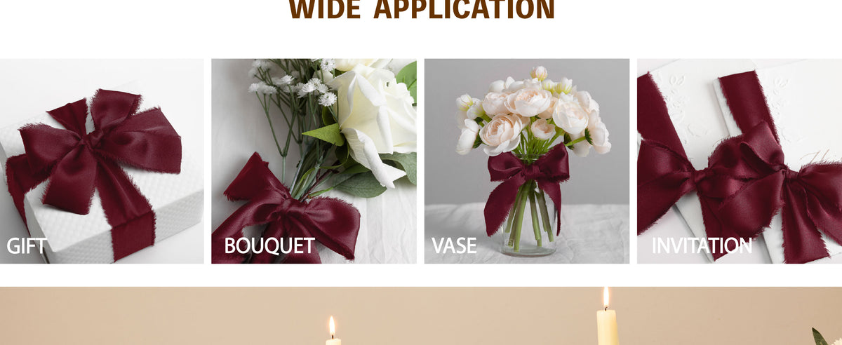Burgundy satin-like frayed ribbon bows decorating a flower vase, bouquet, gift, and invitations