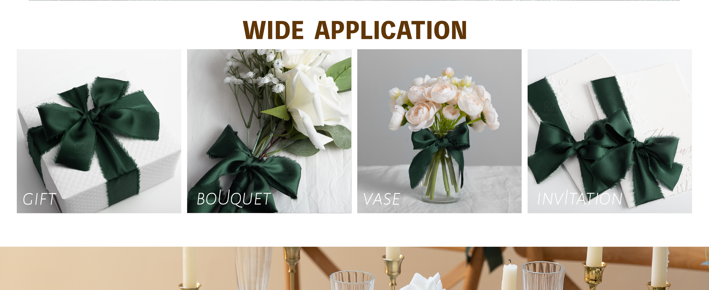 Dark green satin-like frayed ribbon bows on a flower vase, bouquet, gift, and invitations