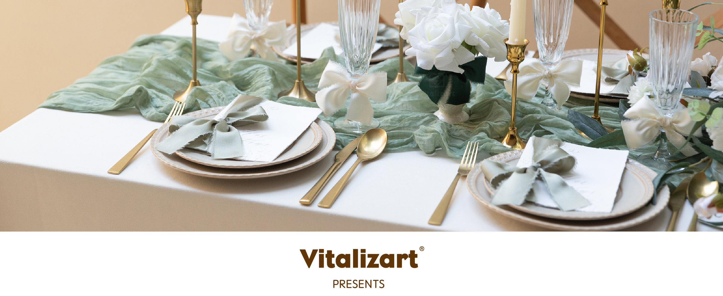 Sage and cream satin ribbon bows decorating glasses and place settings on an elegant dining table