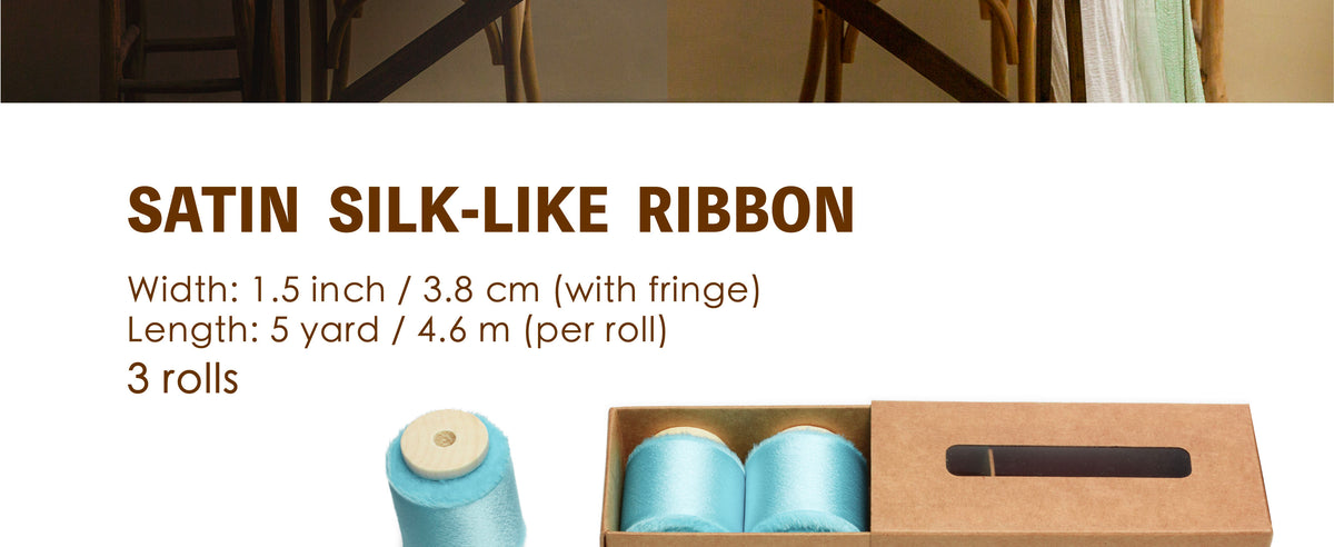 Three aqua-blue satin ribbon rolls on wooden spools, with glossy fabric and handmade frayed edges