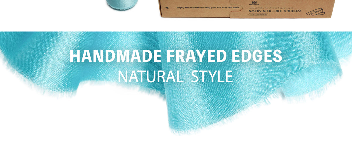 Close-up of glossy aqua-blue satin ribbon with soft folds and handmade frayed edges