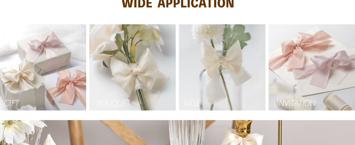 Ivory frayed ribbon bow on a glass vase beside pink and lavender bows on cream invitations.