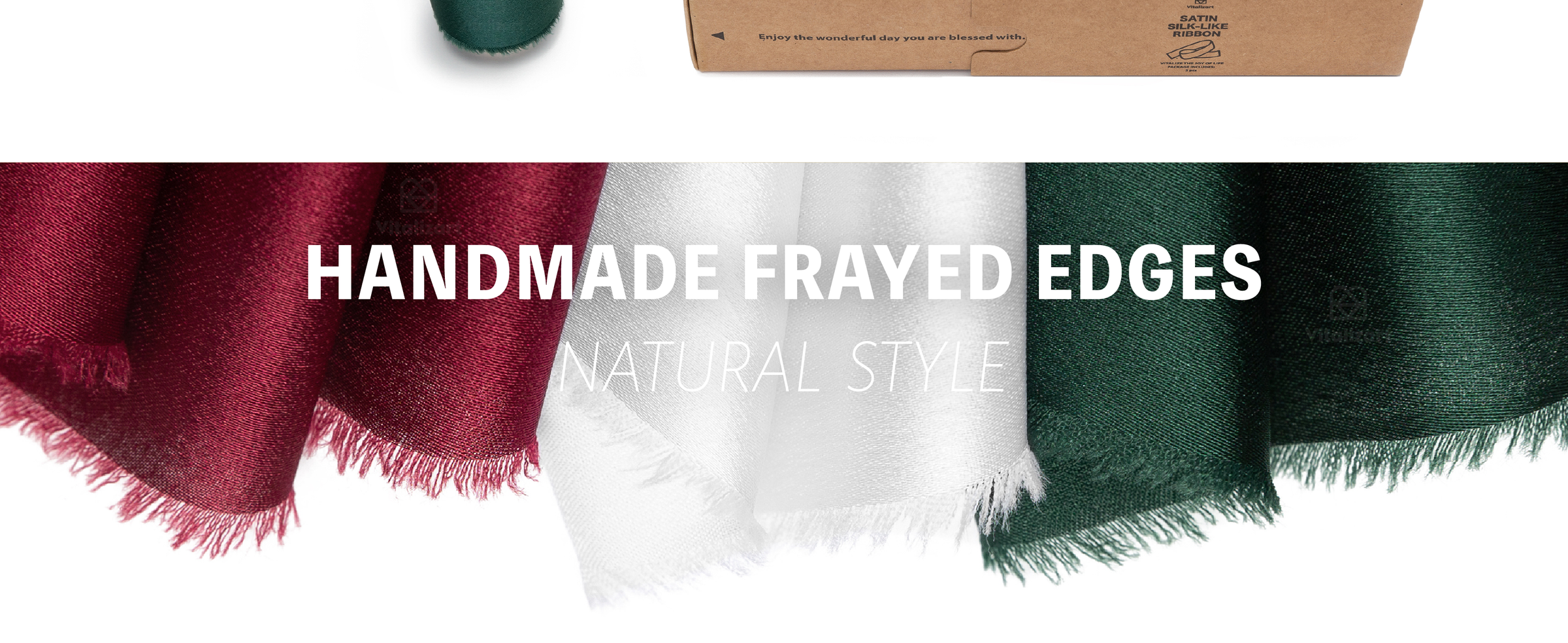 Dark green, white, and burgundy satin-like ribbons in glossy folds with soft handmade frayed edges.