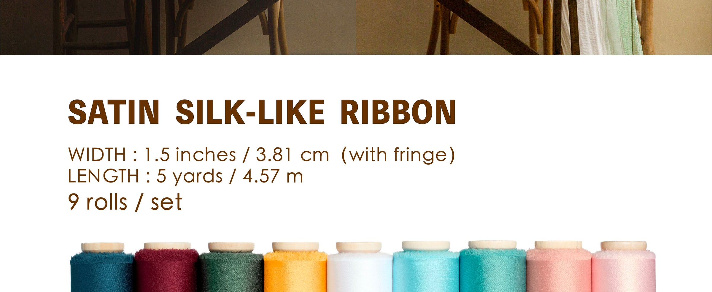 Nine colorful satin-like ribbon rolls with frayed edges on wooden spools, including teal, burgundy, and pink.