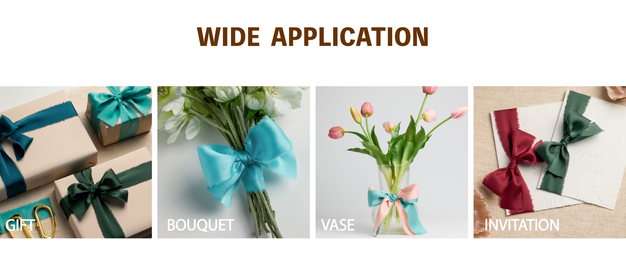 Frayed satin ribbon bows decorate gifts, a bouquet, a flower vase, and invitations