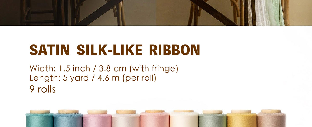 Nine wooden spools of 1.5-inch frayed satin-like ribbon in assorted pastel colors