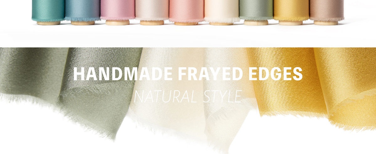 Loose taupe, blush, pink, and ivory satin-like ribbons with sheen and frayed edges