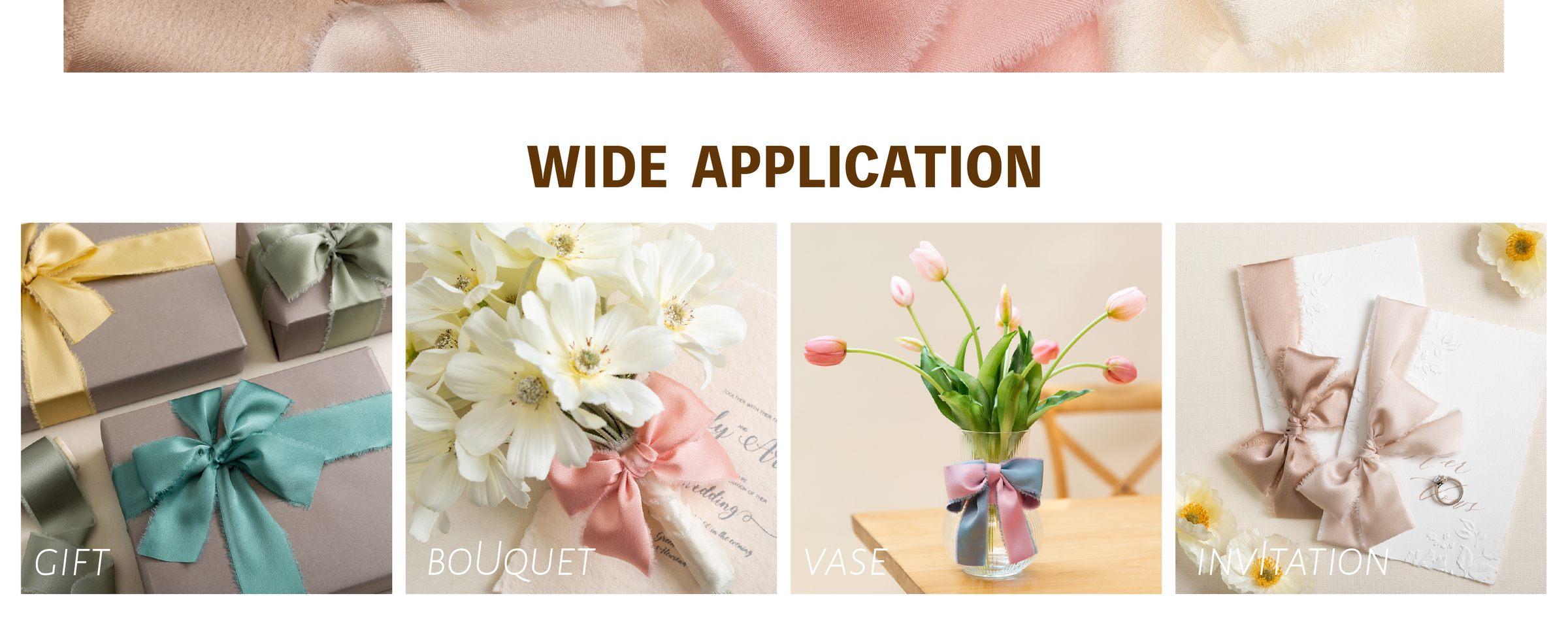 Pastel frayed satin ribbon bows decorate a gift, bouquet, tulip vase, and invitations