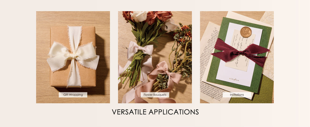 Frayed satin ribbon used for gift wrapping, flower bouquets, and invitations