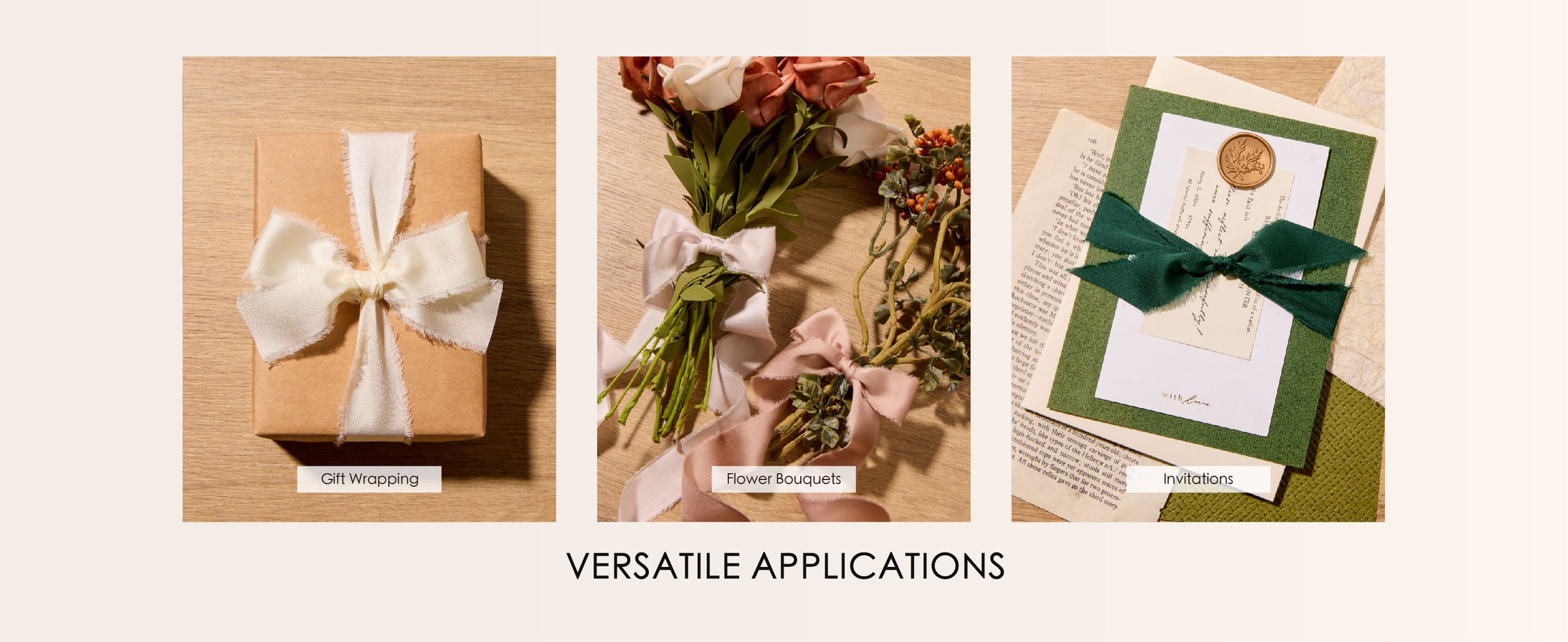 Frayed satin ribbon used on an ivory gift bow, pink flower bouquets, and a dark green invitation bow.