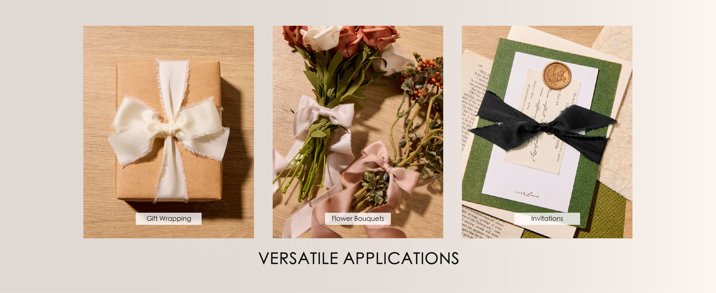 Frayed satin ribbon used for an ivory gift bow, pale pink bouquet ties, and a black invitation bow.