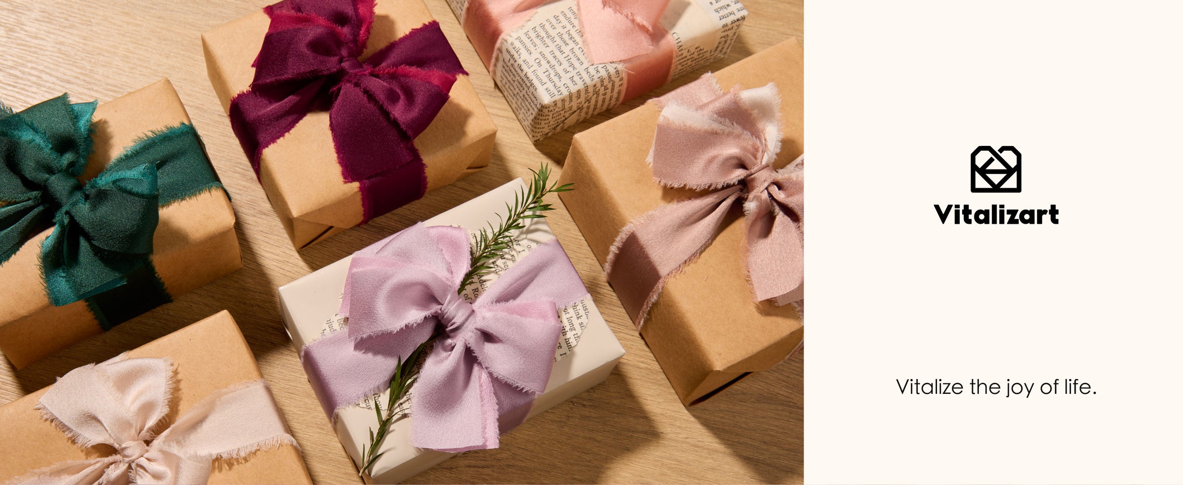 Kraft gift boxes decorated with frayed satin bows in pink, nude, burgundy, green, and ivory.