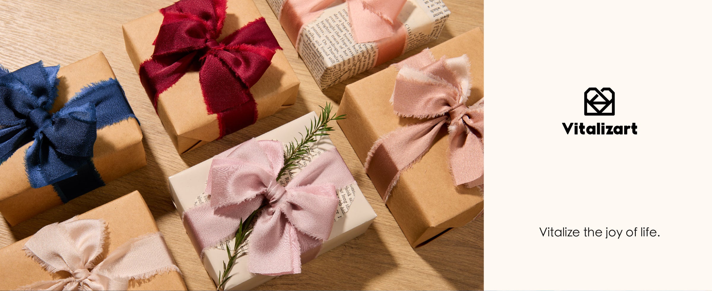 Wrapped gifts decorated with frayed satin ribbon bows in navy, burgundy, blush, and pale pink.