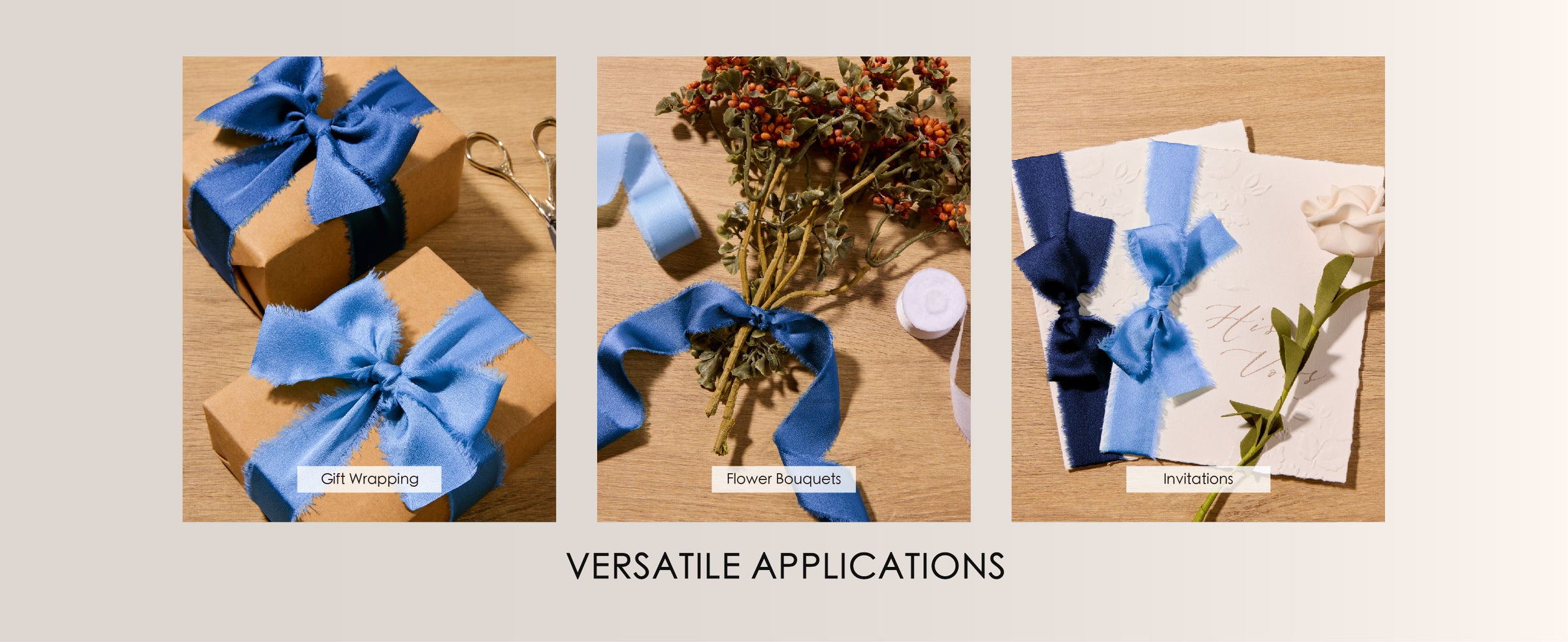 Blue frayed-edge satin ribbon tied on gift boxes, a flower bouquet, and invitations.