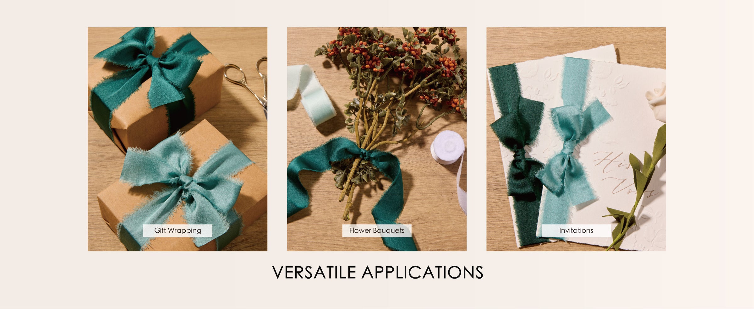 Green and sage frayed satin ribbon bows decorate gift boxes, a flower bouquet, and an invitation.