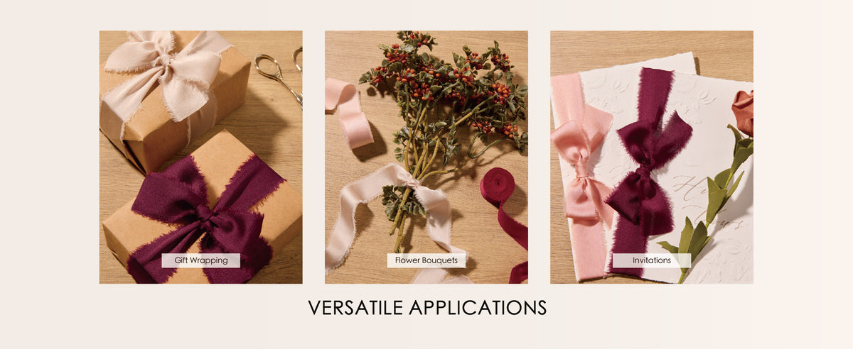 Ivory, burgundy, and pink frayed satin ribbons decorate gifts, a bouquet, and an invitation.