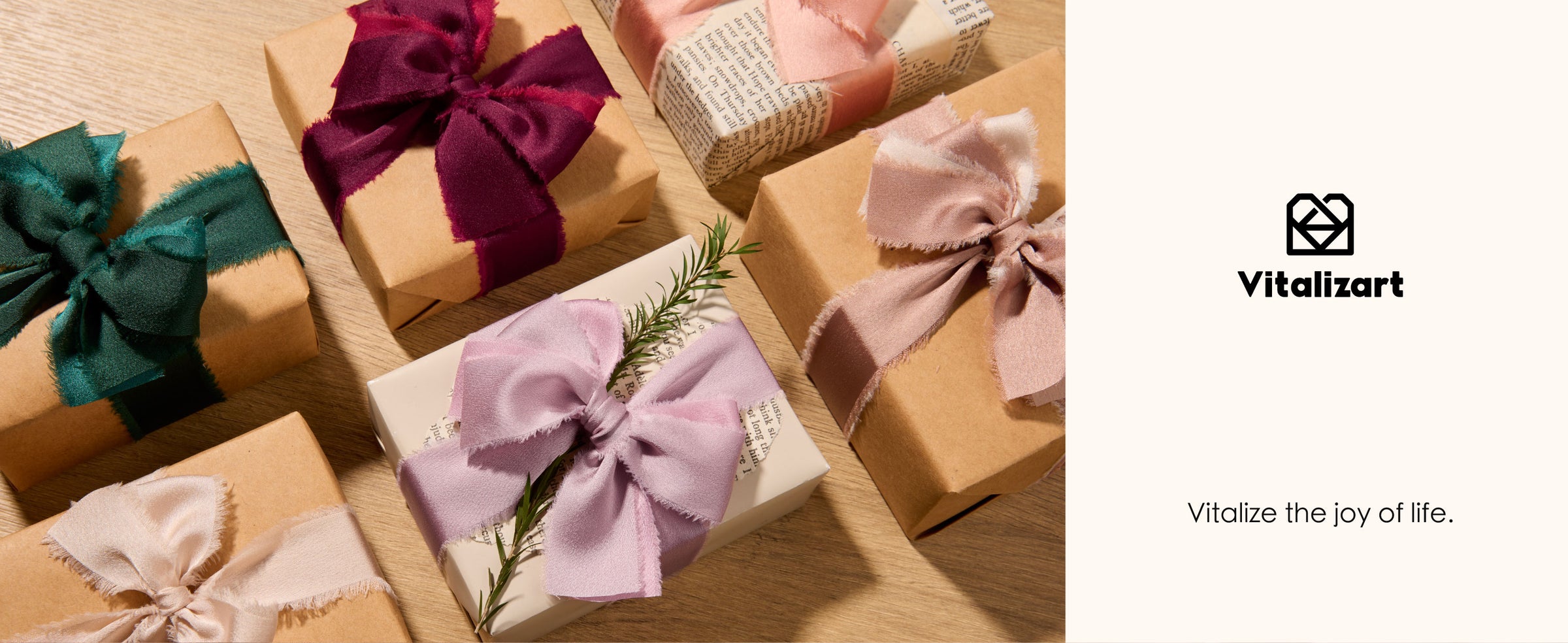 Gift boxes tied with teal, burgundy, blush, ivory, and lavender frayed satin ribbon bows.