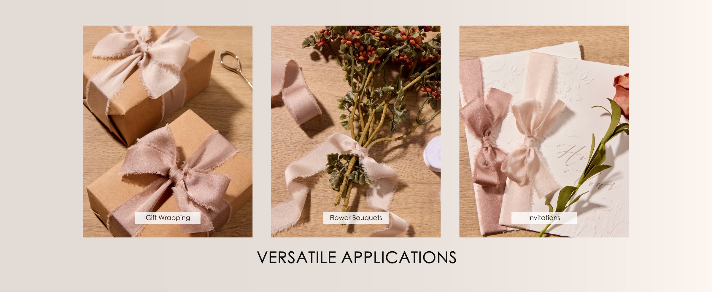 Nude and blush frayed satin ribbon bows decorate gift boxes, a flower bouquet, and an invitation.