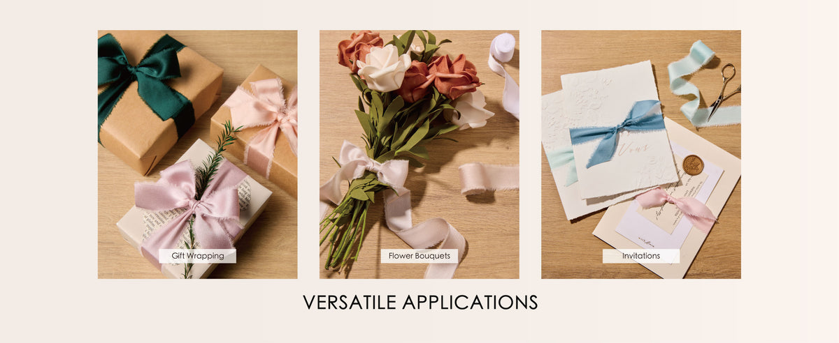 Frayed satin ribbons decorate gift boxes, a flower bouquet, and an invitation in assorted pastel and green colors.