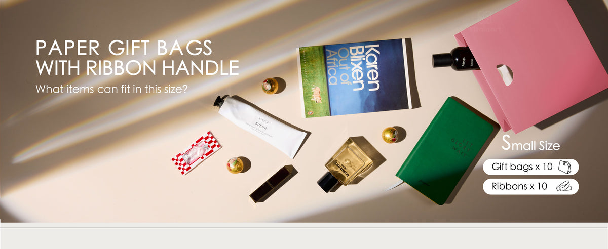 Small pink paper gift bag shown with books, perfume, cosmetics, and candy as size examples.