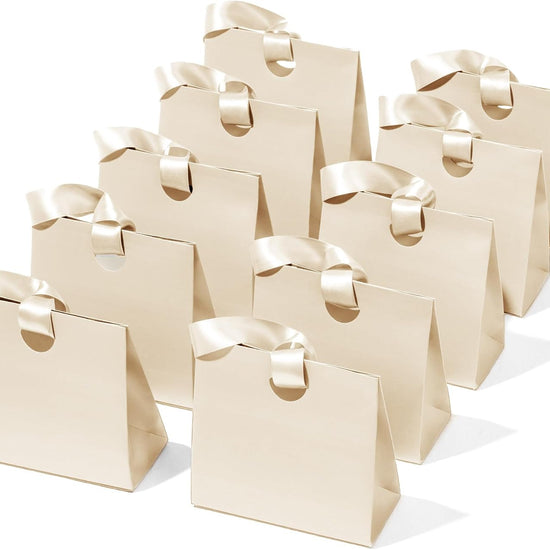 Cream White Small Paper Gift Bags with Ribbon Handles — Set of 10 - Vitalizart